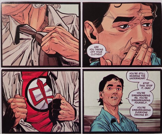 Four panels of Ralph Hinkley undressing to reveal his super-suit in front of his embarrassed adult son, drawn by Alper Gecgel.