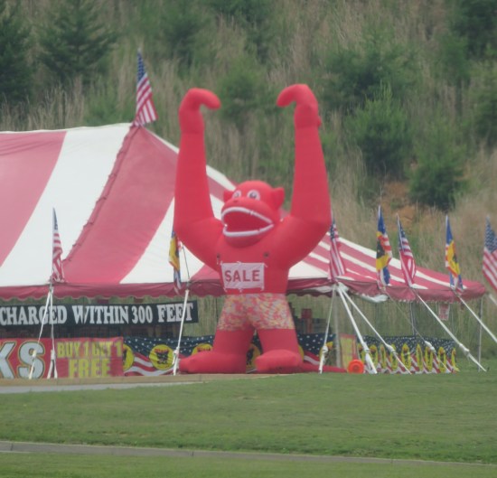 inflatable red gorilla holding arms up Rocky Balboa style by a July 4th fireworks tent.