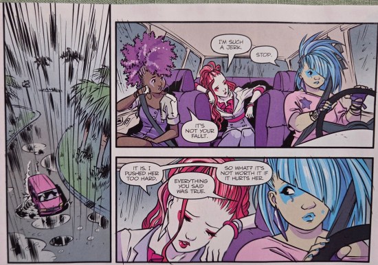 Jem's bandmates in their tour van, regretting recent harsh words toward their lead singer.