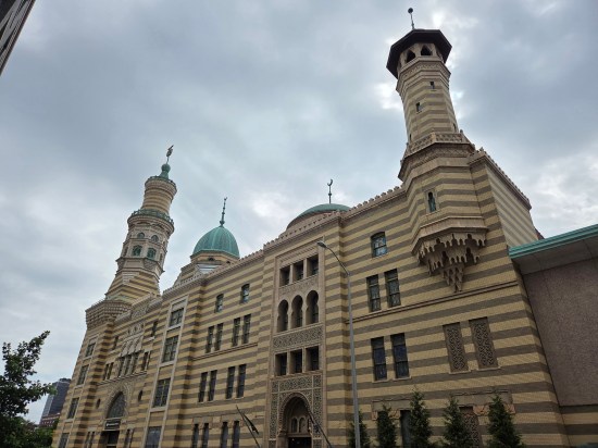 Rear of the Old National Centre, with stripes and faux Arabian design with minarets on each corner.
