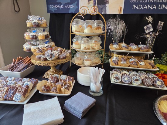 Party table with lots of cupcakes, cake pops, cookies, homemade pudding cups, and more.