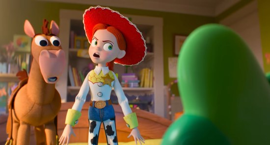 An angry Sheriff Jessie and a shocked Bullseye face the green nemesis Lilypad, who's mostly out of frame.