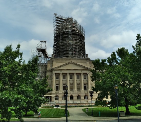Kentucky State Capitol with scaffolding surrounding the entire dome and top stories.