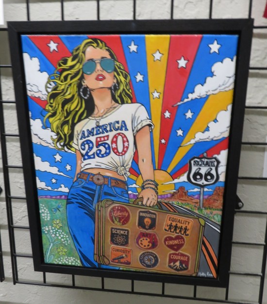 Painting of a blonde female traveler with an America 250 T-shirt and suitcase covered in stickers celebrating various qualities.