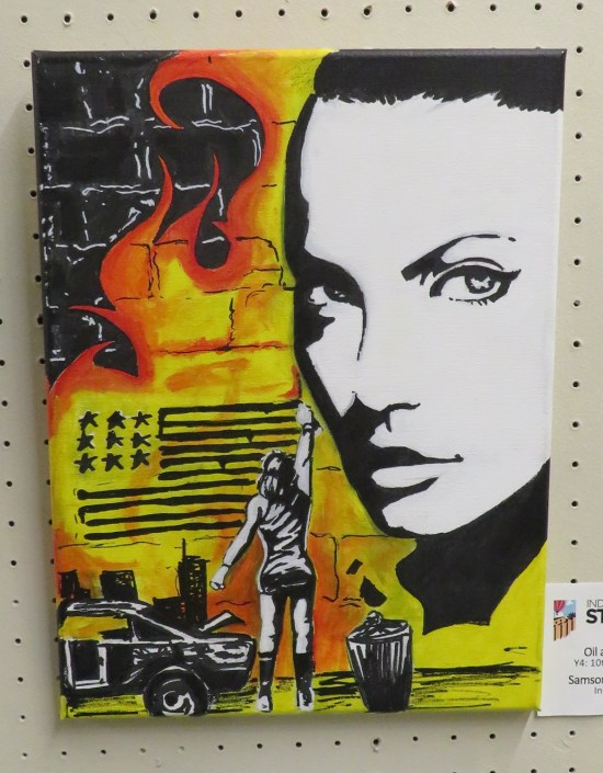 black and white painting highlighted with fire.