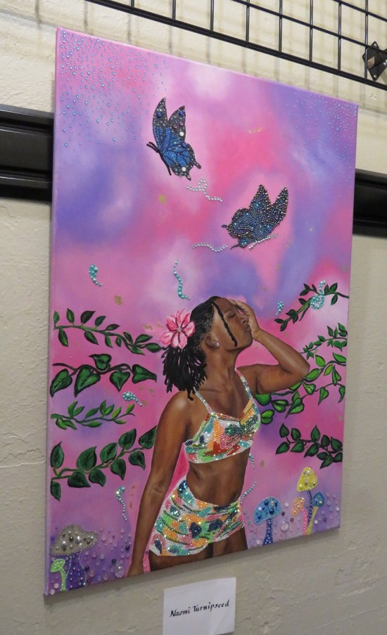 painting of Black woman on magical purple background, surrounded by butterflies, mushrooms, and branches reaching out from unseen trees.