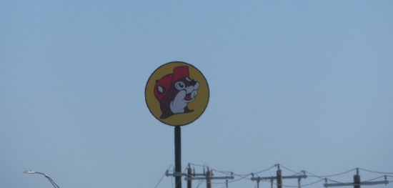 Buc-ee circular road sign against a blue sky. No logo, just his head.