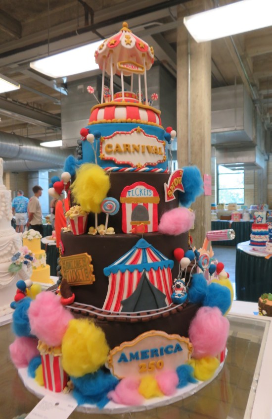 Cake with carnival tents all over.