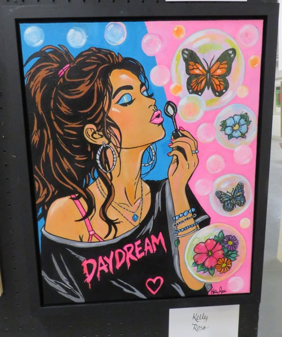 Painting of nonwhite woman wearing loose shirt that says "daydream". She's blowing bubbles that manifest butterflies in them.