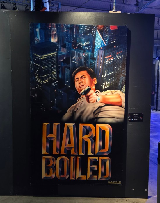 painting of the cover of Hard Boiled, Chow Yun-Fat lying down with two guns.
