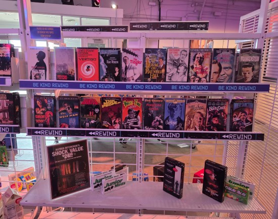 Two video shelves holding 22 scary movies.