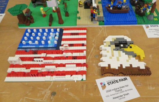 Lego US flag and 2-D Lego bald eagle head.