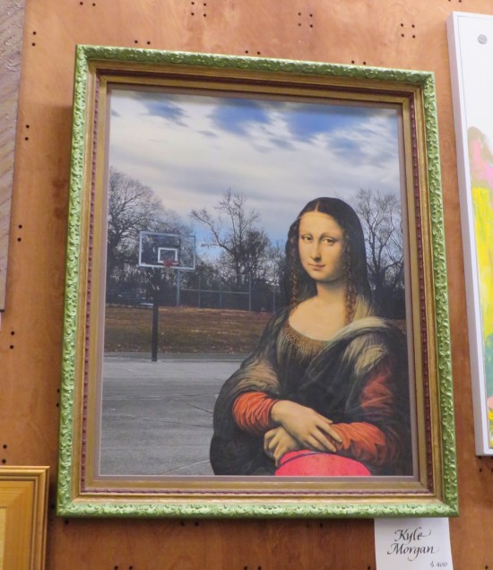 painting of Mona Lisa leaning on a basketball at a neighborhood court.