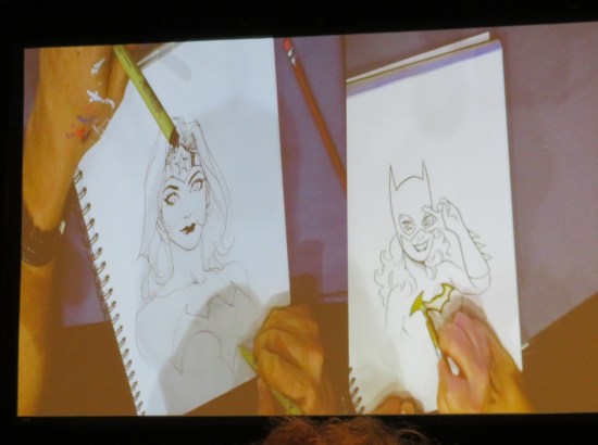 Side-by-side angled projections of drawings being done.