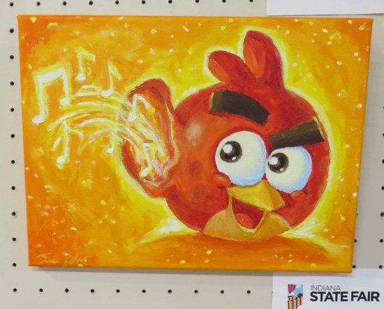 Painting of Red Angry Bird listening to music with enlarged ear.