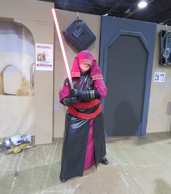 Female purple and black Sith Lord costume with hood covering her eyes and a red lightsaber.
