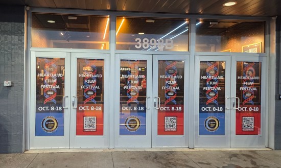 Alamo theater doors with Heartland materials on them.