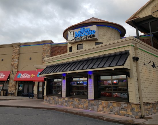 Blue Moose Burgers & Wings, blue logo and cupola on top.