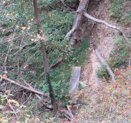 Large manmade wooden plank lying at the bottom of a ravine.