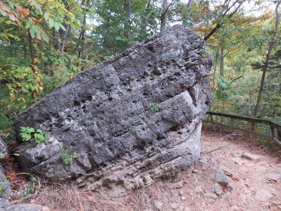 Giant rock on a park trail, shaped like a slice of cake.