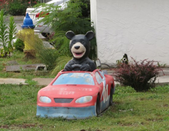 statue of a baby brown bear driving a red #1 stock car.