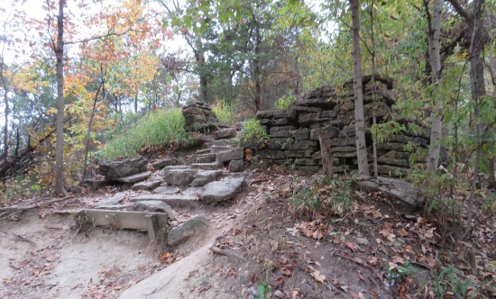 dilapidated stone wall in the middle of a forest.